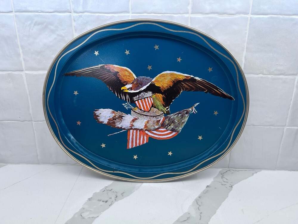 Vintage Patriotic Bald Eagle Oval Metal Serving Tray with Stars